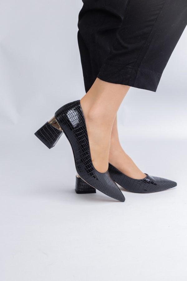 Pantofi Damă cu Toc Gros din Piele Ecologică texturată Negru(BS51AY2402708) 5