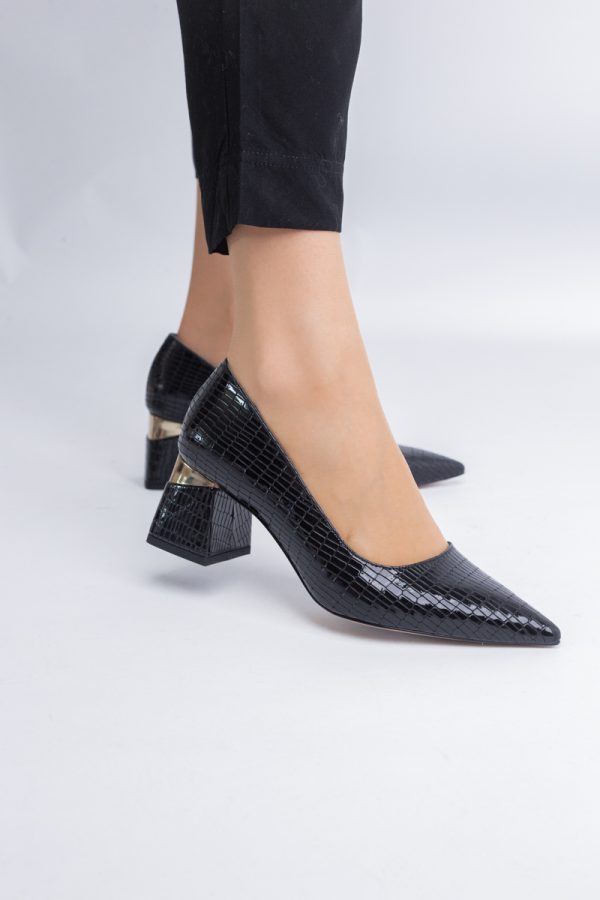 Pantofi Damă cu Toc Gros din Piele Ecologică texturată Negru(BS51AY2402708) 7