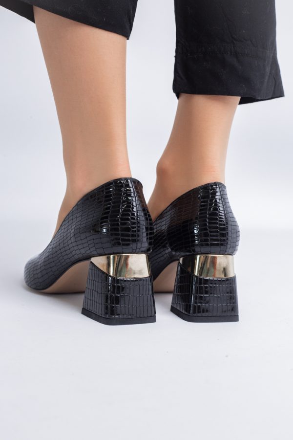 Pantofi Damă cu Toc Gros din Piele Ecologică texturată Negru(BS51AY2402708) 9