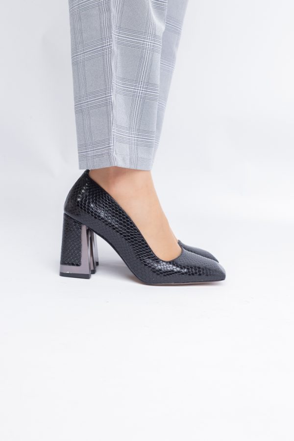 Pantofi Damă cu Toc Gros din Piele Ecologică texturată negru BS20AY2402726 7