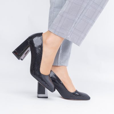 Pantofi Damă cu Toc Gros din Piele Ecologică texturată negru BS20AY2402726