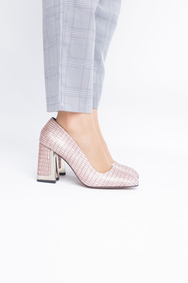 Pantofi Damă cu Toc Gros din Piele Ecologică texturată roz sampanie BS20AY2402730 9