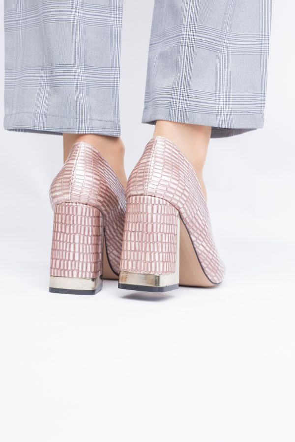 Pantofi Damă cu Toc Gros din Piele Ecologică texturată roz sampanie BS20AY2402730 7