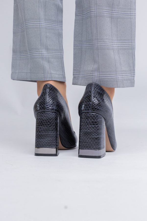 Pantofi Damă cu Toc Gros din Piele Ecologică texturată gri inchis BS20AY2402732 7