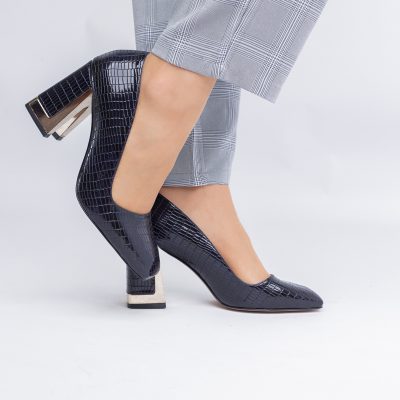 Pantofi Damă cu Toc Gros din Piele Ecologică texturată bleumarin BS20AY2402728