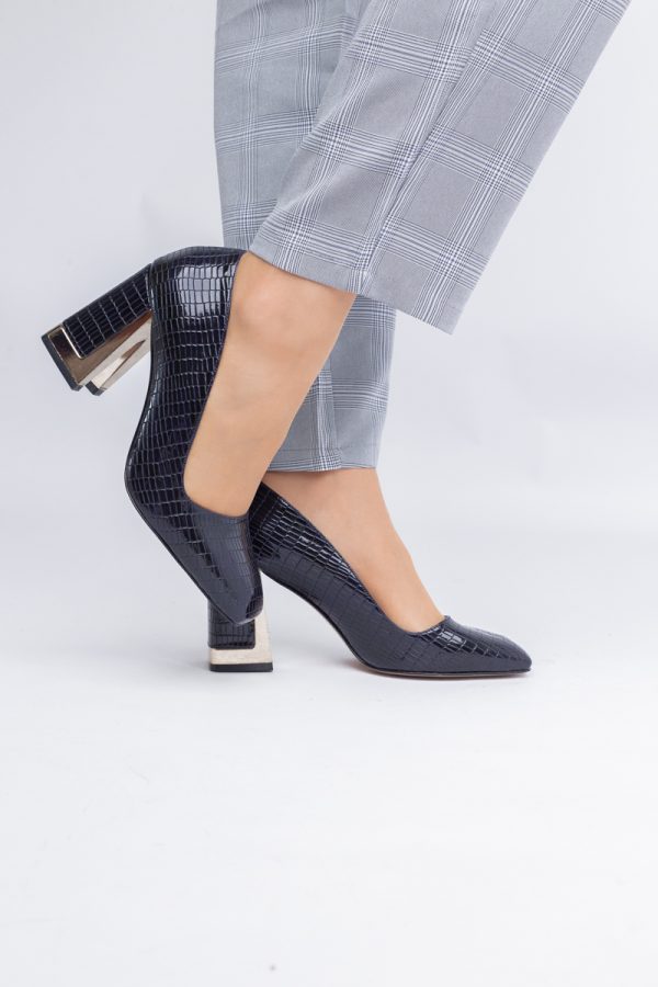 Pantofi Damă cu Toc Gros din Piele Ecologică texturată bleumarin BS20AY2402728 5