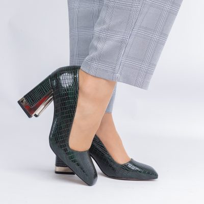 Pantofi Damă cu Toc Gros din Piele Ecologică texturată verde petrol BS20AY2402731