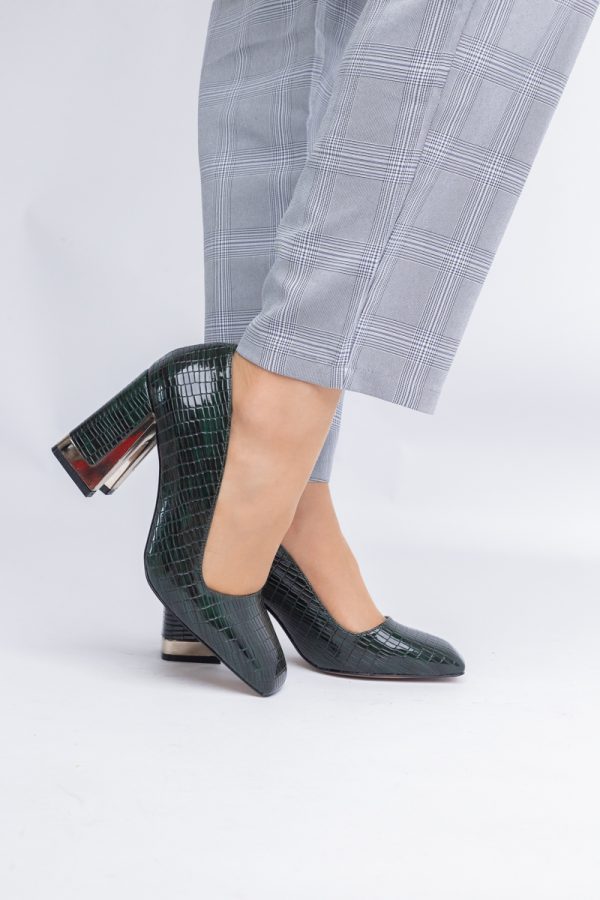 Pantofi Damă cu Toc Gros din Piele Ecologică texturată verde petrol BS20AY2402731 5