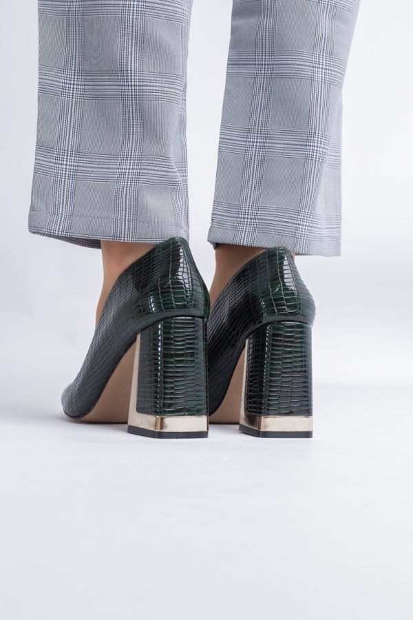 Pantofi Damă cu Toc Gros din Piele Ecologică texturată verde petrol BS20AY2402731 7