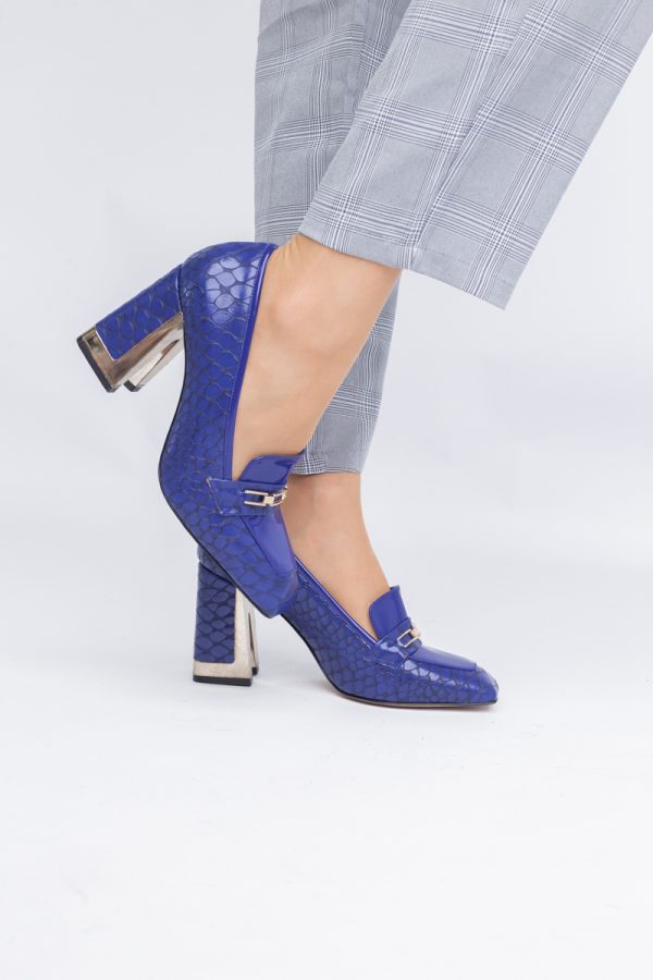 Pantofi Damă cu Toc Gros din Piele Ecologică texturată albastru BS25AY2402724 173