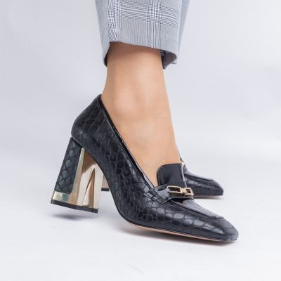 Pantofi Damă cu Toc Gros din Piele Ecologică texturată negru BS25AY2402720