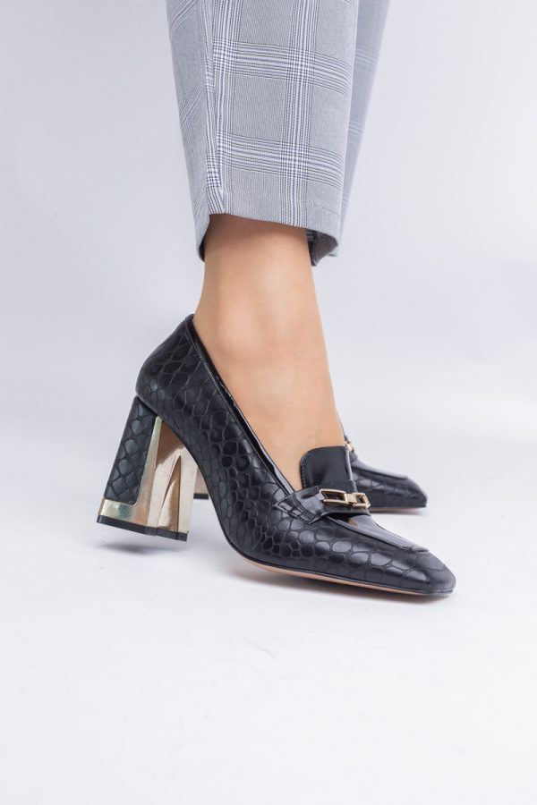Pantofi Damă cu Toc Gros din Piele Ecologică texturată negru BS25AY2402720 5