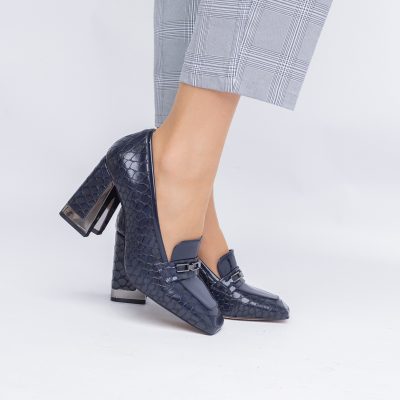 Pantofi Damă cu Toc Gros din Piele Ecologică texturată bleumarin BS25AY2402721