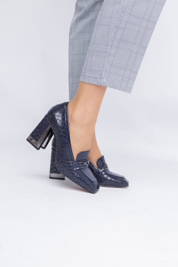 Pantofi Damă cu Toc Gros din Piele Ecologică texturată bleumarin BS25AY2402721 5