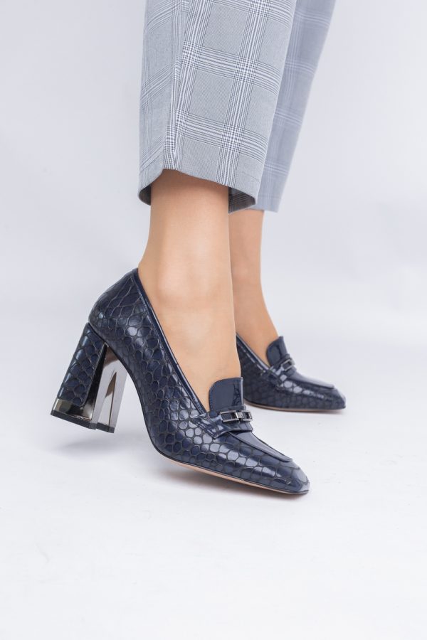 Pantofi Damă cu Toc Gros din Piele Ecologică texturată bleumarin BS25AY2402721 7