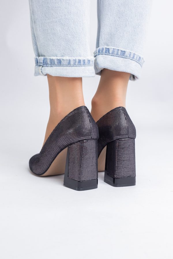 Pantofi Damă cu Toc Gros din Piele Ecologică texturată platina BS02-1AY2402744 9