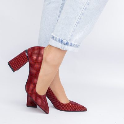 Pantofi Damă cu Toc Gros din Piele Ecologică texturată Roșu punctat BS02AY2402740