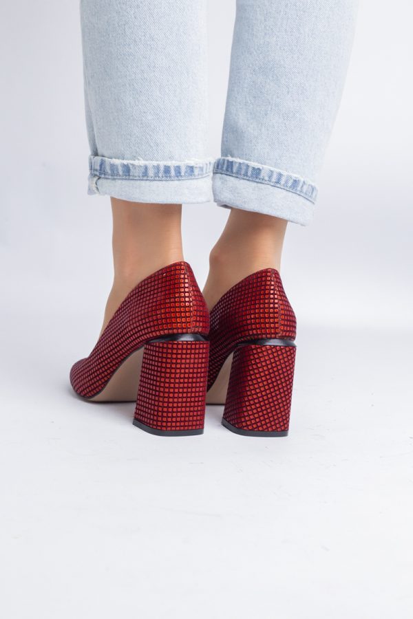 Pantofi Damă cu Toc Gros din Piele Ecologică texturată Roșu punctat BS02AY2402740 7