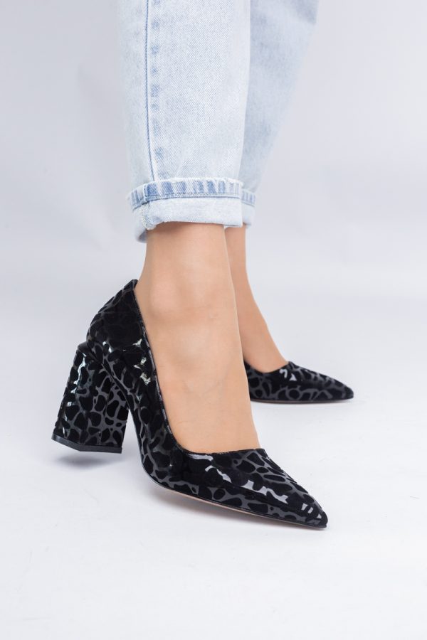 Pantofi Damă cu Toc Gros din Piele Ecologică texturată Negru pătat BS02AY2402739 7