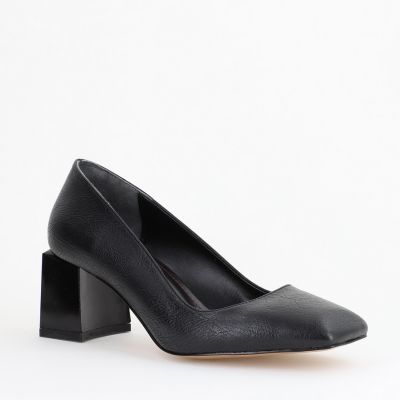 Pantofi Damă cu Toc Gros din Piele Ecologică texturată negru mat BS01AY2402746