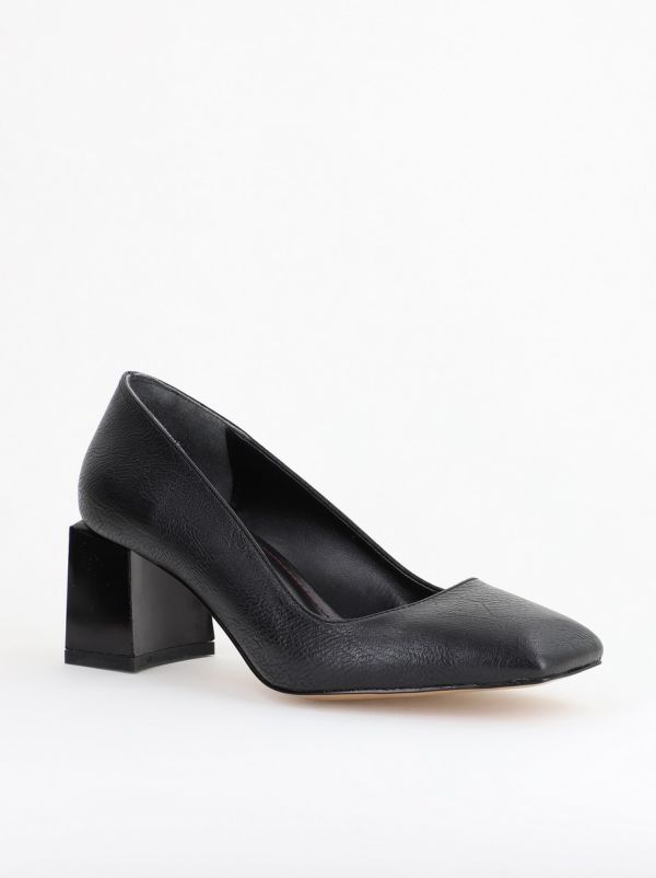 Incaltaminte Dama - Pantofi Damă cu Toc Gros din Piele Ecologică texturată negru mat BS01AY2402746