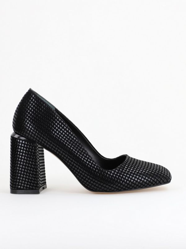 Pantofi Damă cu Toc Gros din Piele Ecologică texturată negru punctat BS01AY2402747 10
