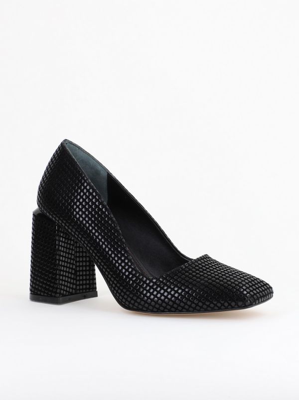 Incaltaminte Dama - Pantofi Damă cu Toc Gros din Piele Ecologică texturată negru punctat BS01AY2402747