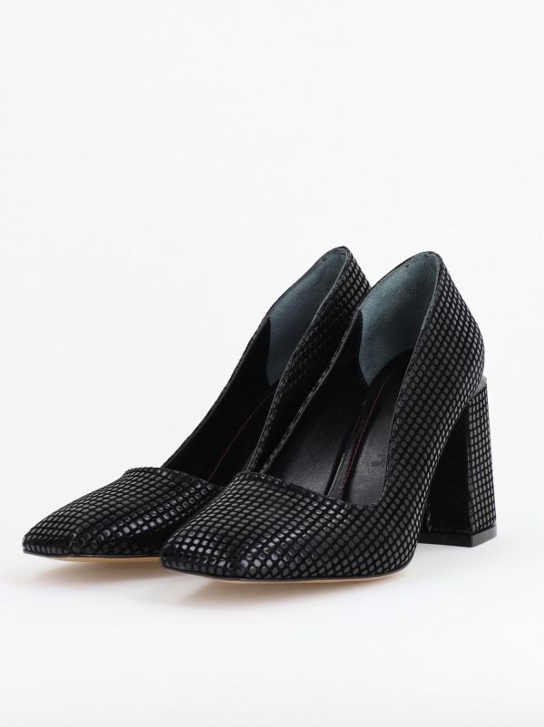 Pantofi Damă cu Toc Gros din Piele Ecologică texturată negru punctat BS01AY2402747 8