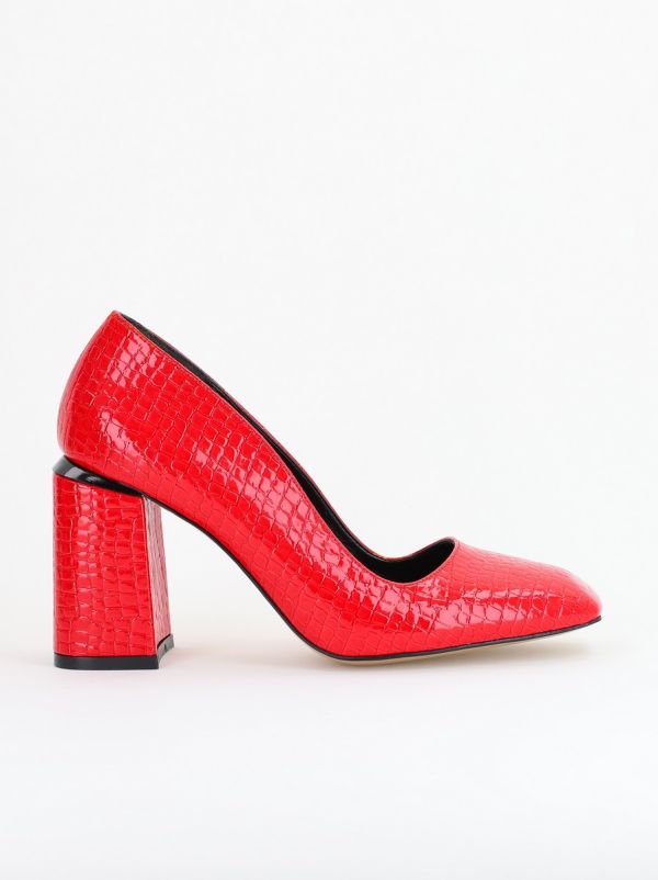 Pantofi Damă cu Toc Gros din Piele Ecologică texturată roșu lac BS01AY2402749 10