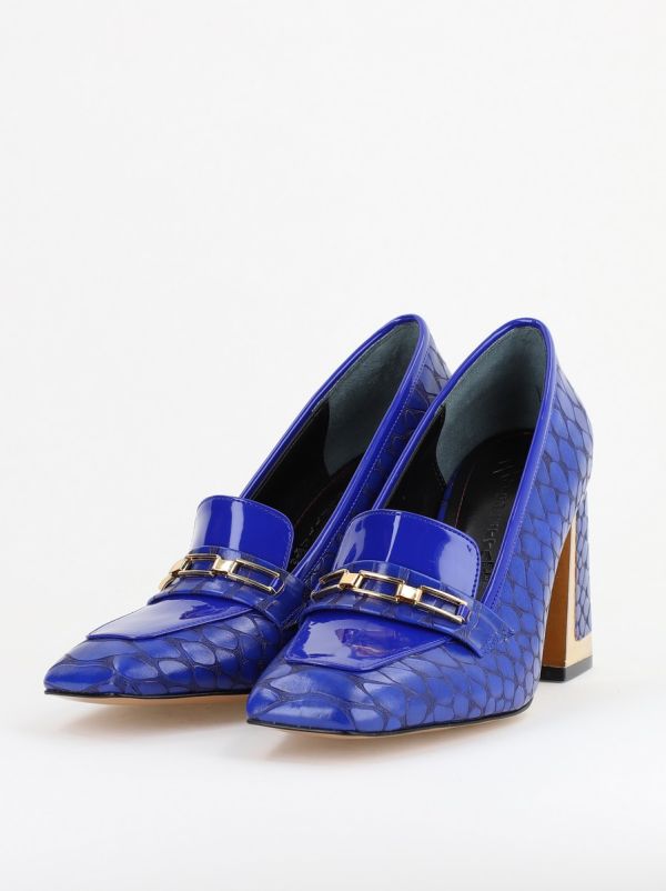 Pantofi Damă cu Toc Gros din Piele Ecologică texturată albastru BS25AY2402724 176