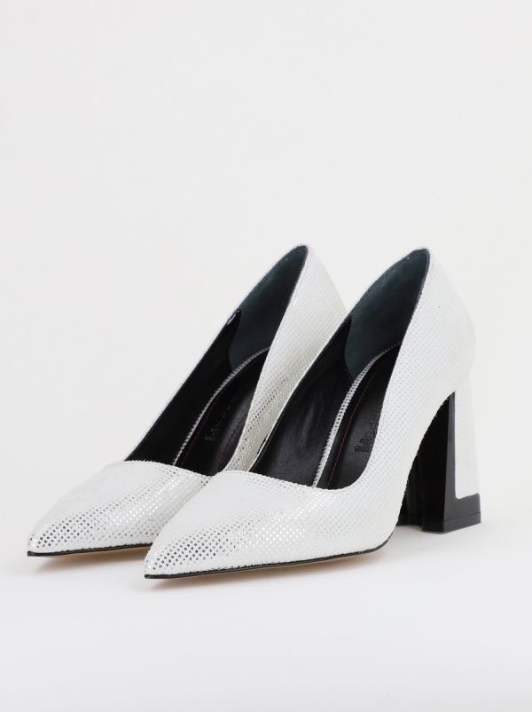 Pantofi Damă cu Toc Gros din Piele Ecologică texturată argintiu BS02-1AY2402743 6