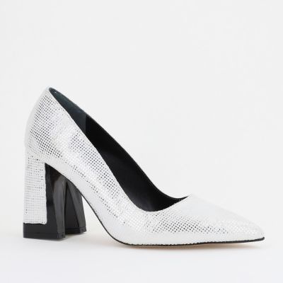 Pantofi Damă cu Toc Gros din Piele Ecologică texturată argintiu BS02-1AY2402743