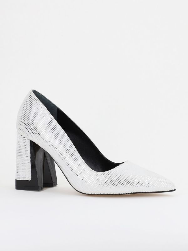 Incaltaminte Dama - Pantofi Damă cu Toc Gros din Piele Ecologică texturată argintiu BS02-1AY2402743