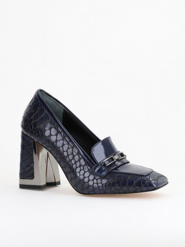 Incaltaminte Dama - Pantofi Damă cu Toc Gros din Piele Ecologică texturată bleumarin BS25AY2402721