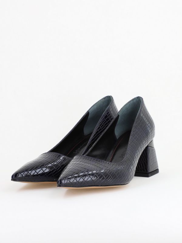 Pantofi Damă cu Toc Gros din Piele Ecologică texturată Bleumarin (BS51AY2402709) 10
