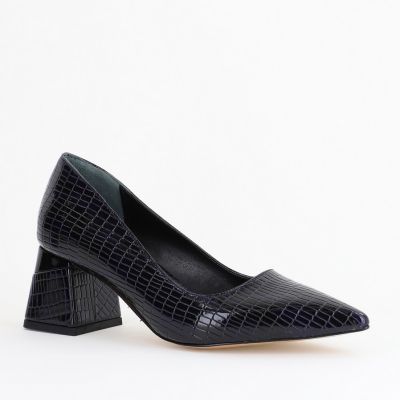 Pantofi Damă cu Toc Gros din Piele Ecologică texturată Bleumarin (BS51AY2402709)