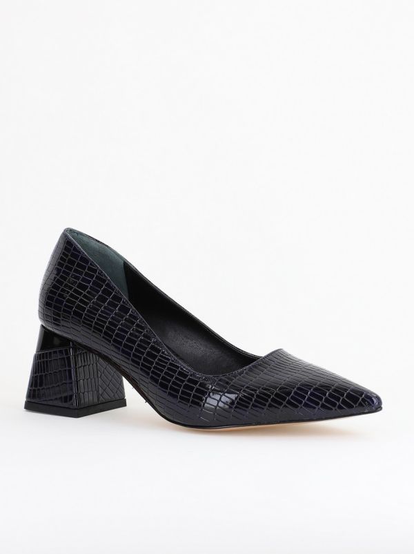 Incaltaminte Dama - Pantofi Damă cu Toc Gros din Piele Ecologică texturată Bleumarin (BS51AY2402709)