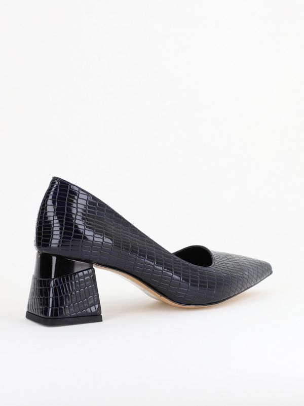 Pantofi Damă cu Toc Gros din Piele Ecologică texturată Bleumarin (BS51AY2402709) 12