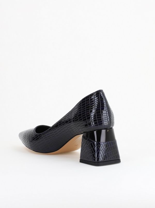 Pantofi Damă cu Toc Gros din Piele Ecologică texturată Bleumarin (BS51AY2402709) 13