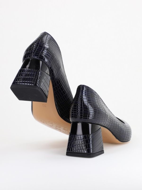 Pantofi Damă cu Toc Gros din Piele Ecologică texturată Bleumarin (BS51AY2402709) 8