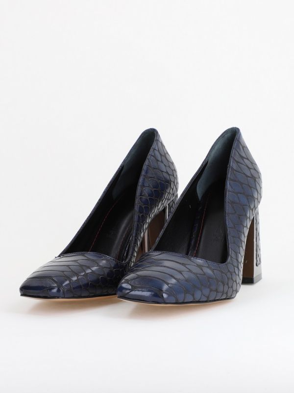 Pantofi Damă cu Toc Gros din Piele Ecologică texturată bleumarin BS02AY2402754 6