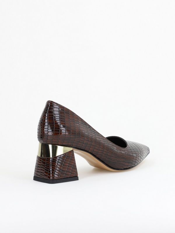 Pantofi Damă cu Toc Gros din Piele Ecologică texturată Cafeniu (BS51AY2402705) 12