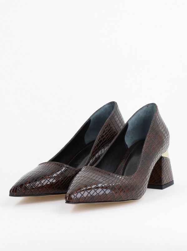 Pantofi Damă cu Toc Gros din Piele Ecologică texturată Cafeniu (BS51AY2402705) 15