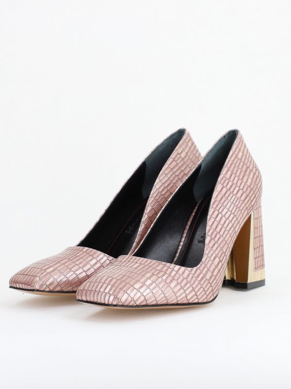 Pantofi Damă cu Toc Gros din Piele Ecologică texturată roz sampanie BS20AY2402730 8