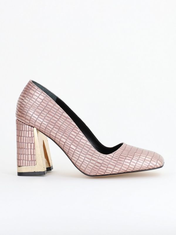 Pantofi Damă cu Toc Gros din Piele Ecologică texturată roz sampanie BS20AY2402730 10