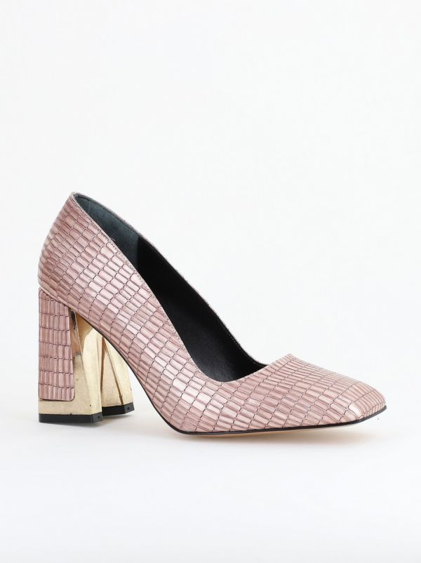 Incaltaminte Dama - Pantofi Damă cu Toc Gros din Piele Ecologică texturată roz sampanie BS20AY2402730