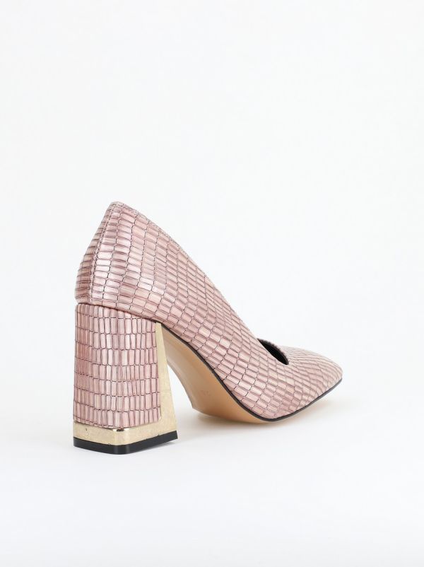 Pantofi Damă cu Toc Gros din Piele Ecologică texturată roz sampanie BS20AY2402730 12