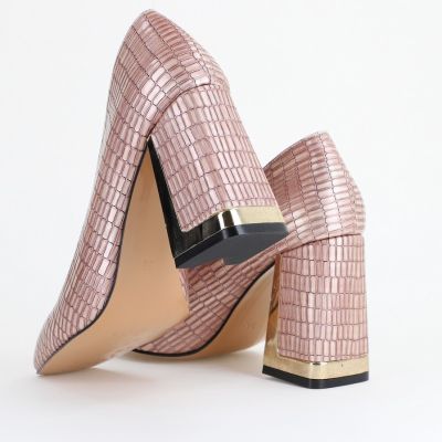 Pantofi Damă cu Toc Gros din Piele Ecologică texturată roz sampanie BS20AY2402730