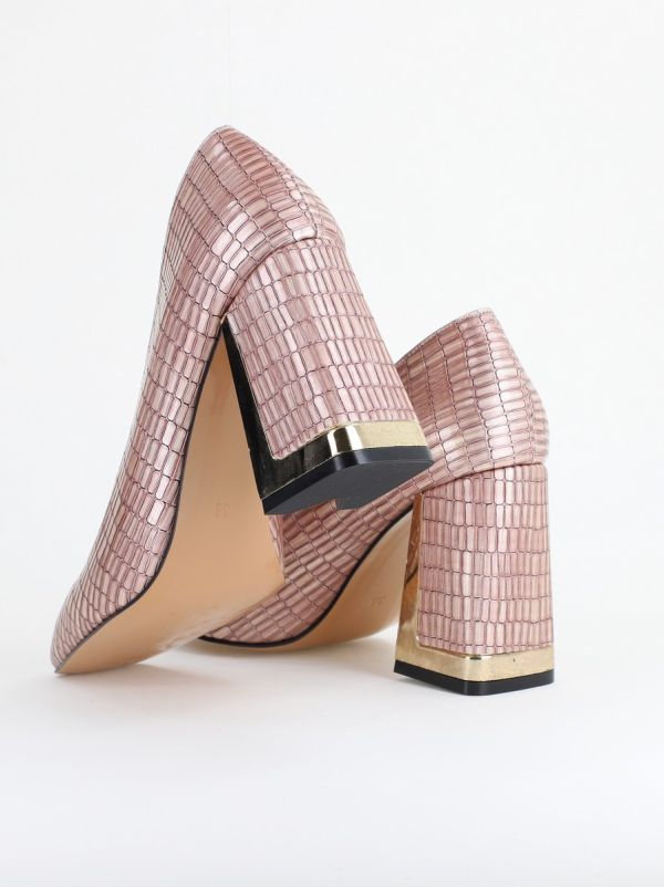 Pantofi Damă cu Toc Gros din Piele Ecologică texturată roz sampanie BS20AY2402730 6