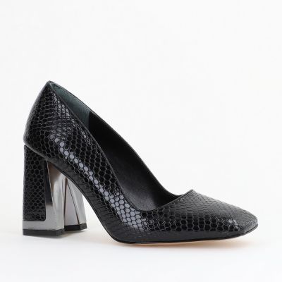 Pantofi Damă cu Toc Gros din Piele Ecologică texturată negru BS20AY2402726